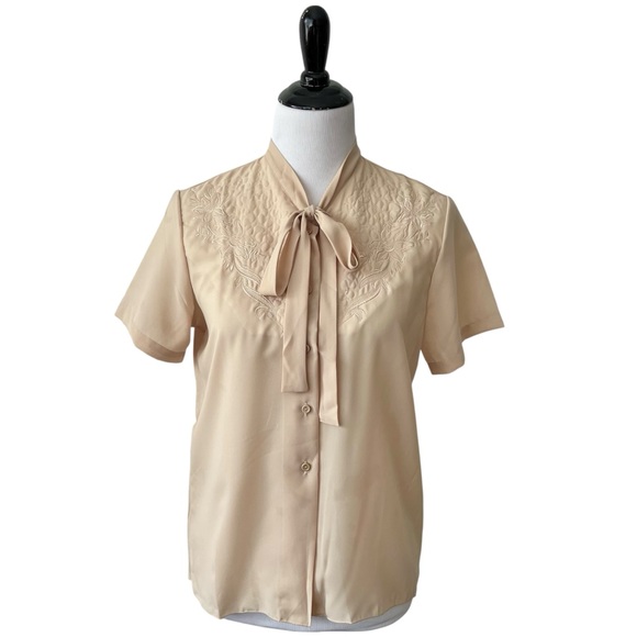 Vintage Tops - 50s style Short Sleeve Tie Neck Blouse